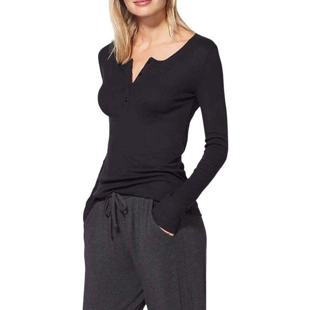 Tommy‎ John Women's Lounge Henley Long Sleeve Top Black Size XL NWT ($58MSRP)